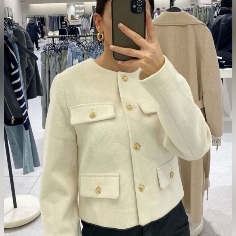 Zara Tweed Cropped Blazer Jacket Size S - Picture 5 of 16